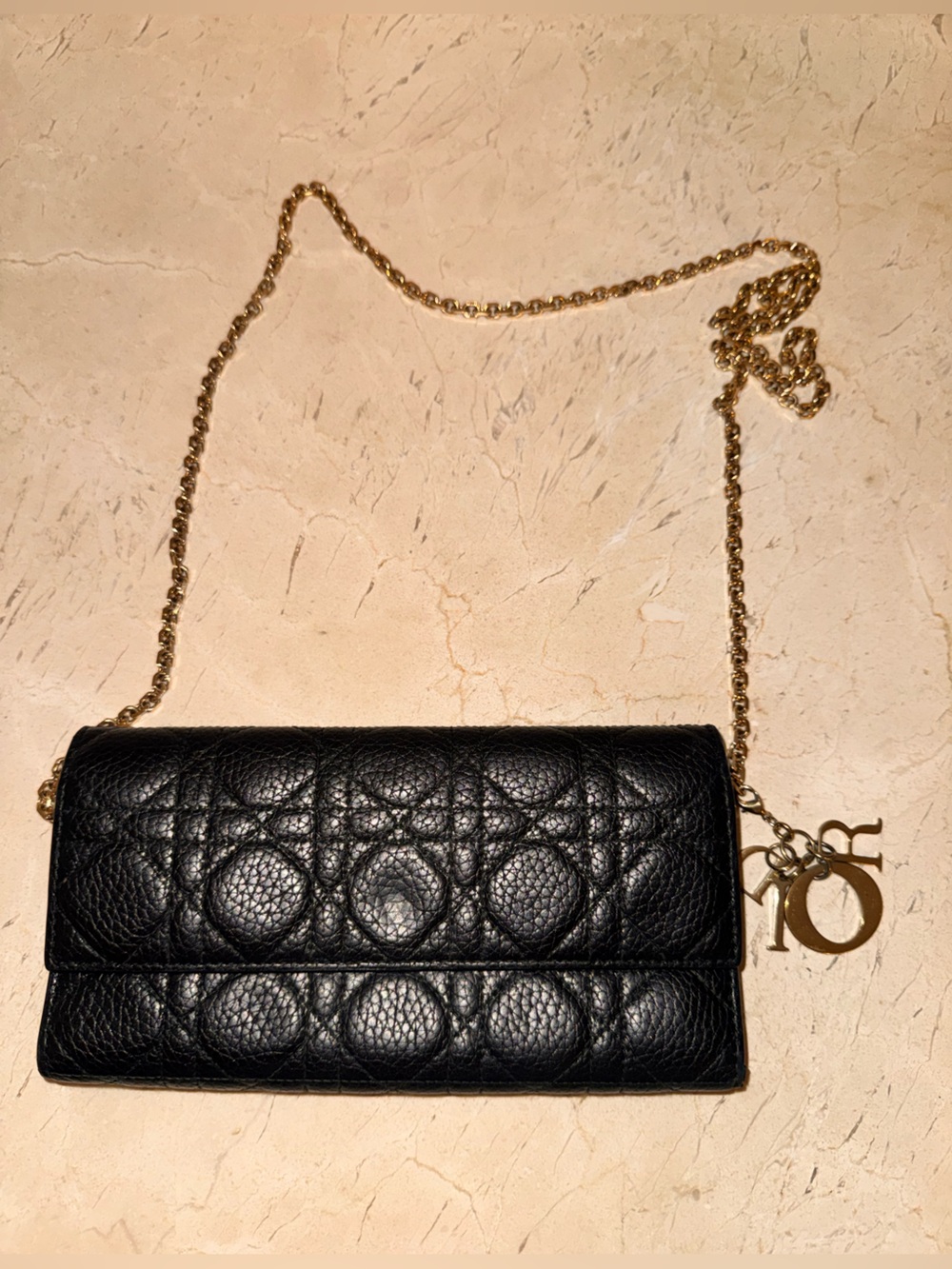 Christian Dior Black Quilted Leather Chain Wallet with Gold Charm